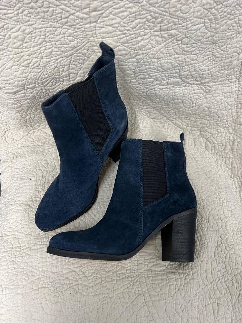 Splendid Navy Suede Elastic-Side Block Heel Booties
